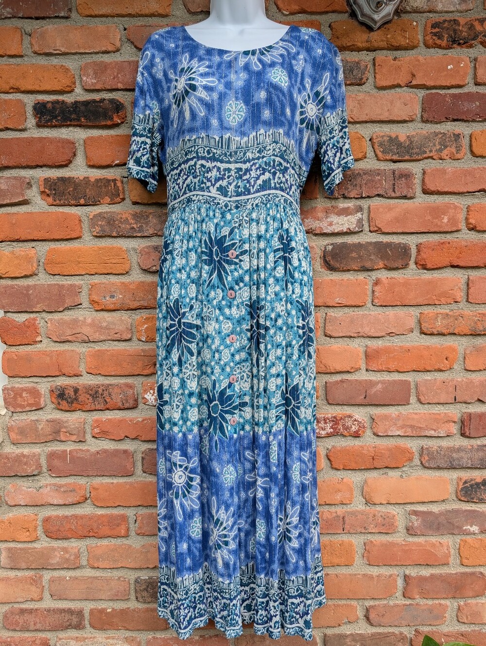 Vintage Bila Boho Blue Floral Print Short-Sleeve Maxi Dress Rayon S